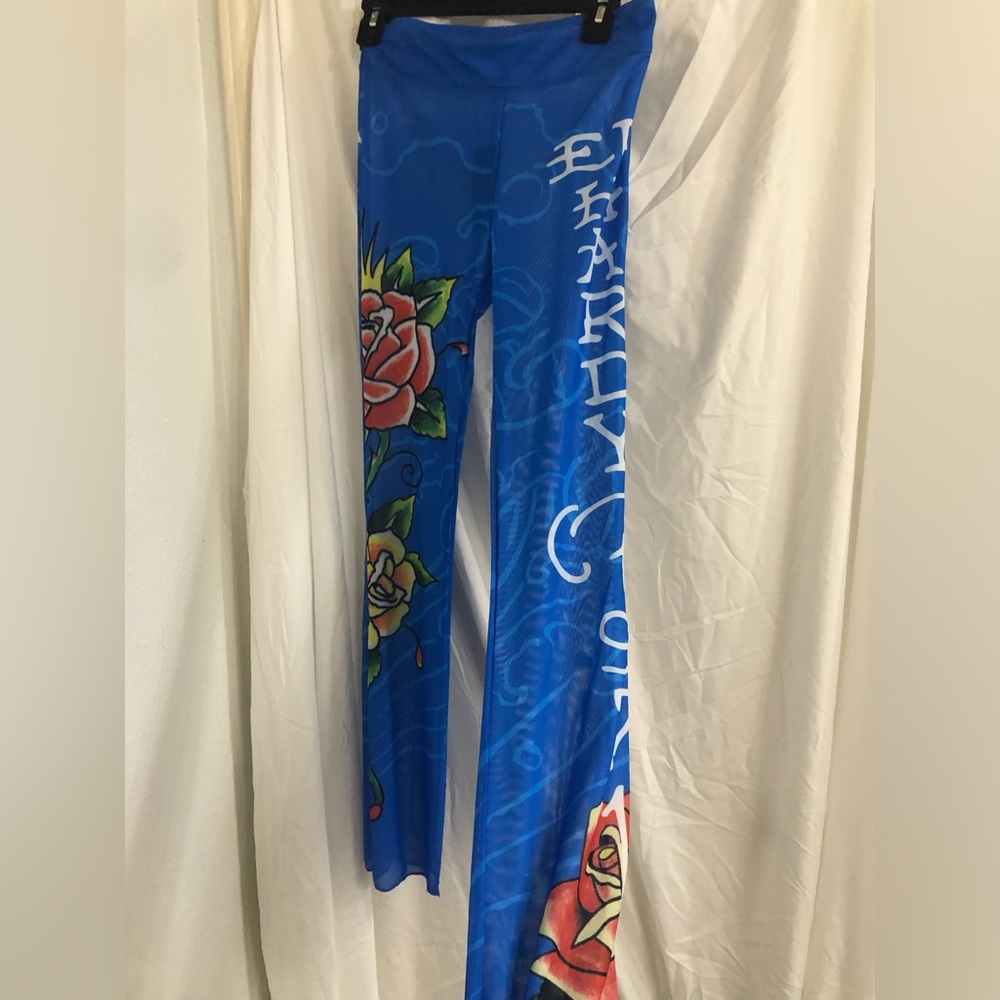 Ed Hardy blue sheer mesh roses monogram coverup pants size Medium new